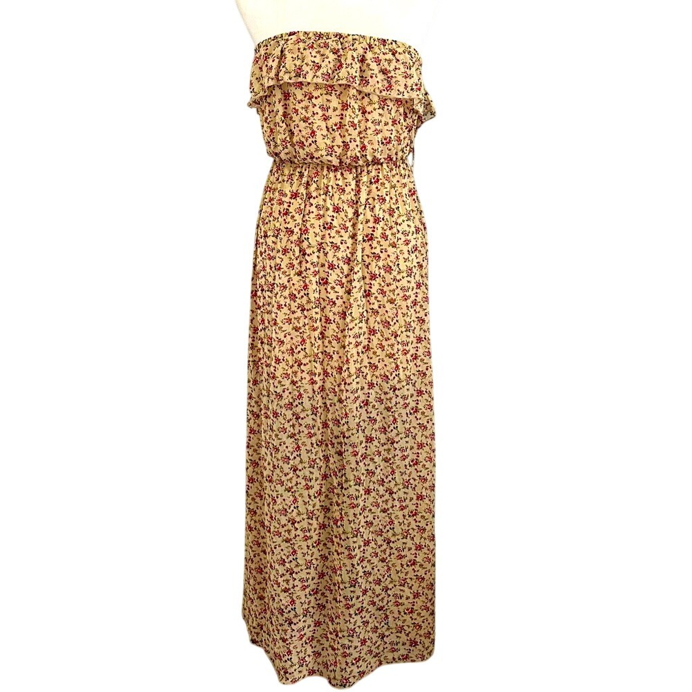 No Boundaries Floral Maxi Dress Cottage Bohoβ Strapless Ruffle Beige Pink M 7 9